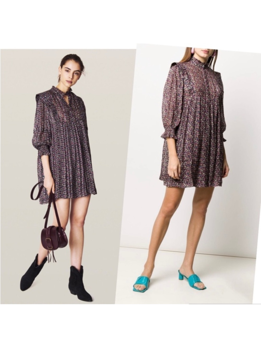 Ba&sh Dress Robe Deep Abstract Print Silk Metallic Blouson Sleeve Tuckernuck - Picture 1 of 11